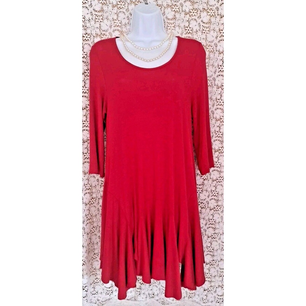 Christian Caliendo Dress M Red Asymmetrical Hem 3/4 Sleeve Knit Made In USA